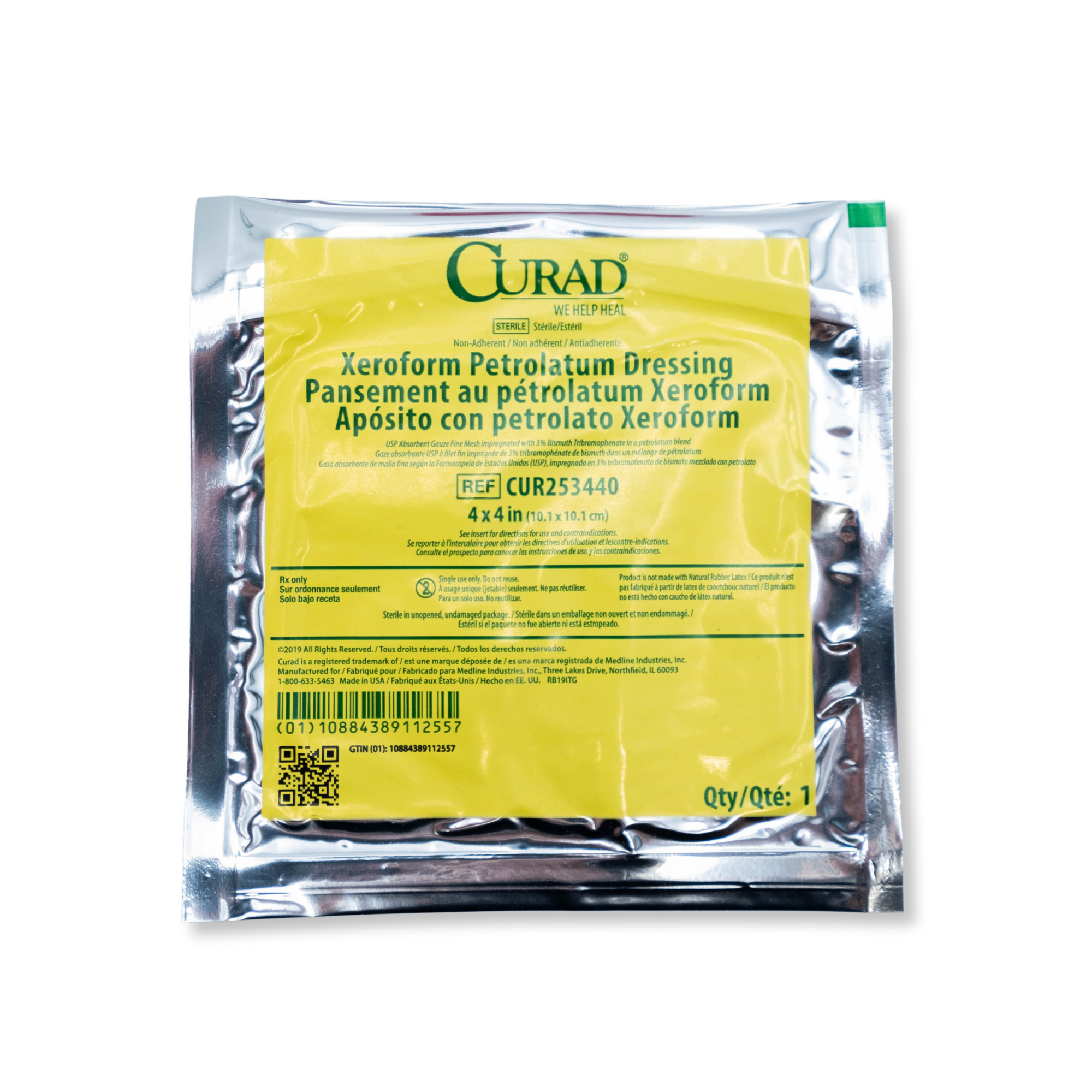 Curad Xeroform Petrolatum Dressing 4" x 4" packaging on a white background