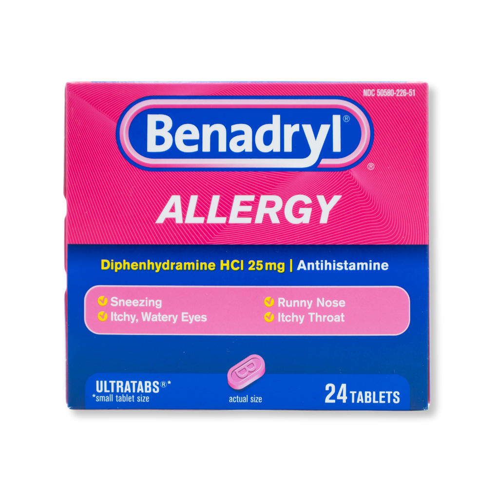 Benadryl allergy medication box with pink and blue design on a white background