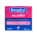 Benadryl allergy medication box with pink and blue design on a white background