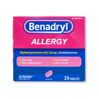 Benadryl allergy medication box with pink and blue design on a white background