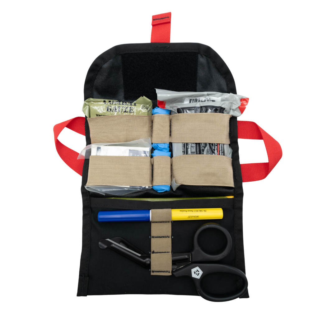 Refuge Medical OPFAK First Aid Kit - Black inner pouch open showing layout of components