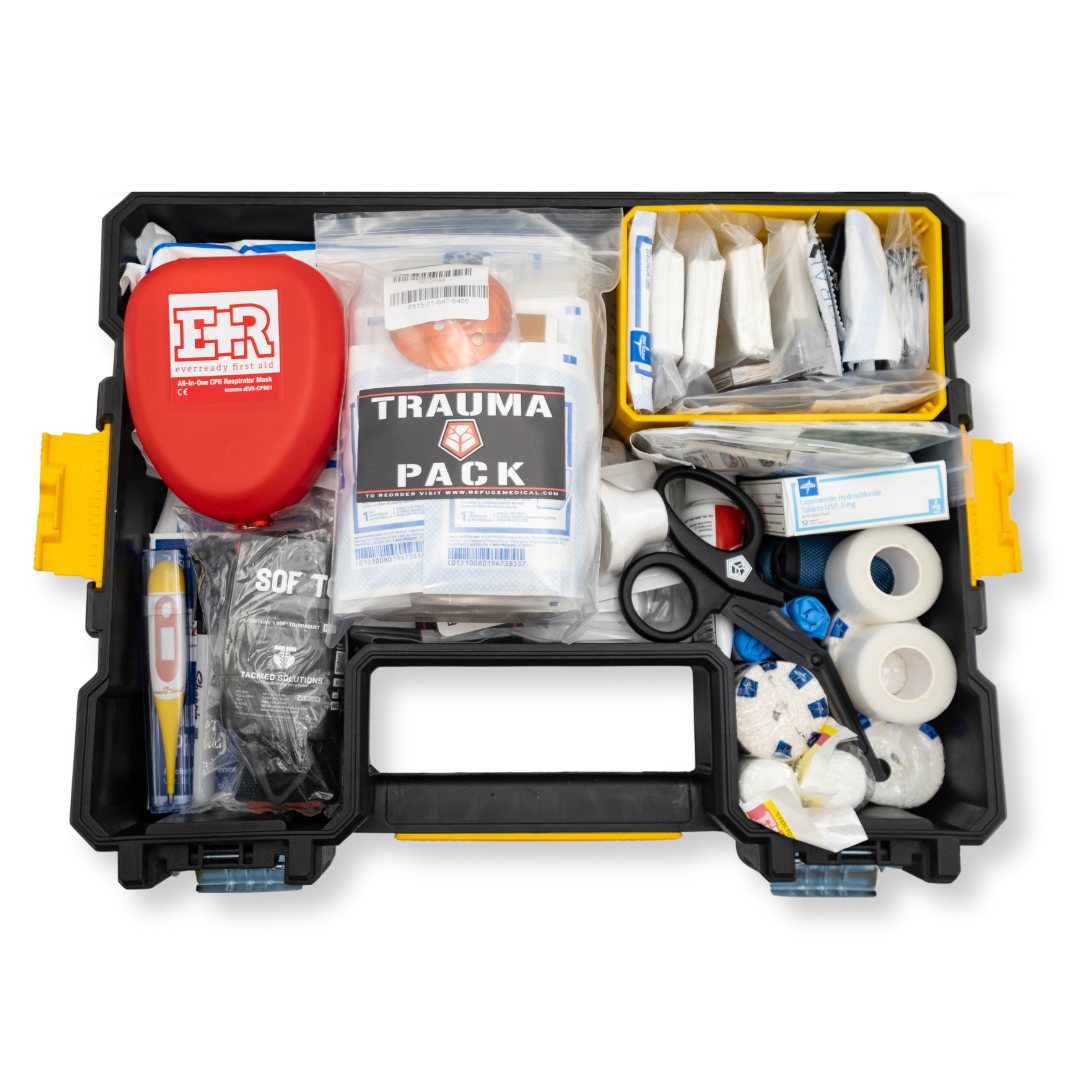 Refuge Medical Tool Box Kit Refill - components in yellow DeWalt compartment box, open (box not included)