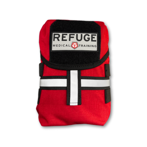 Refuge Medical BearFAK First Aid Kit - Red MOLLE-compatible pouch with reflective strip and Refuge Medical grey  patch