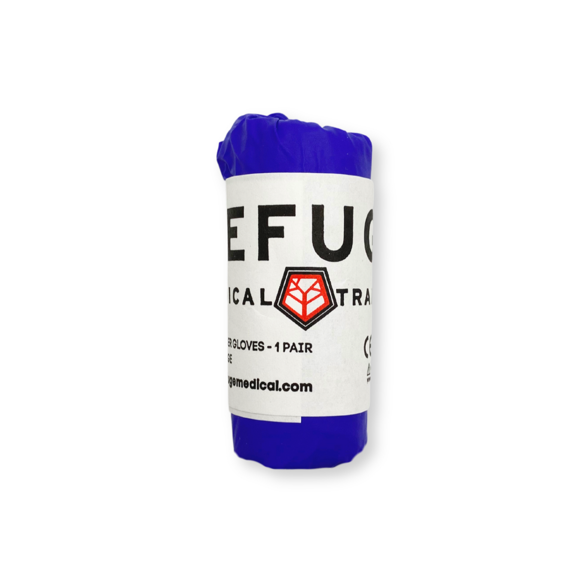 Pair of blue gloves in a white and blue packaging on a white background