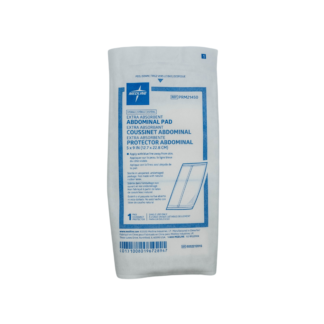 A sealed, sterile medical package containing an abdominal pad, with label showing product details and usage instructions.