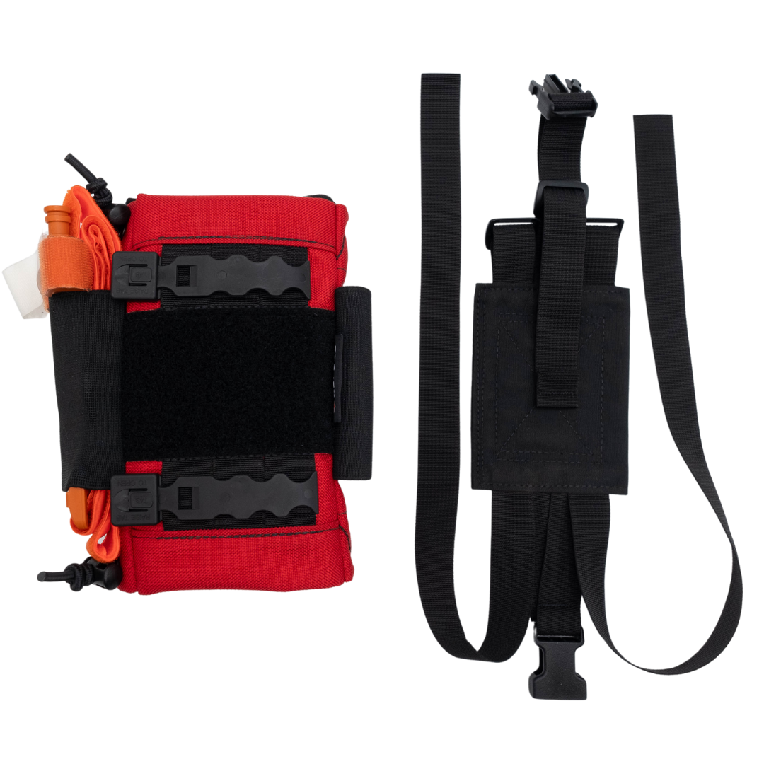 Refuge MedicalTravel FAK First Aid Kit -  back of the kit showing the mounting velcro and the black headrest straps