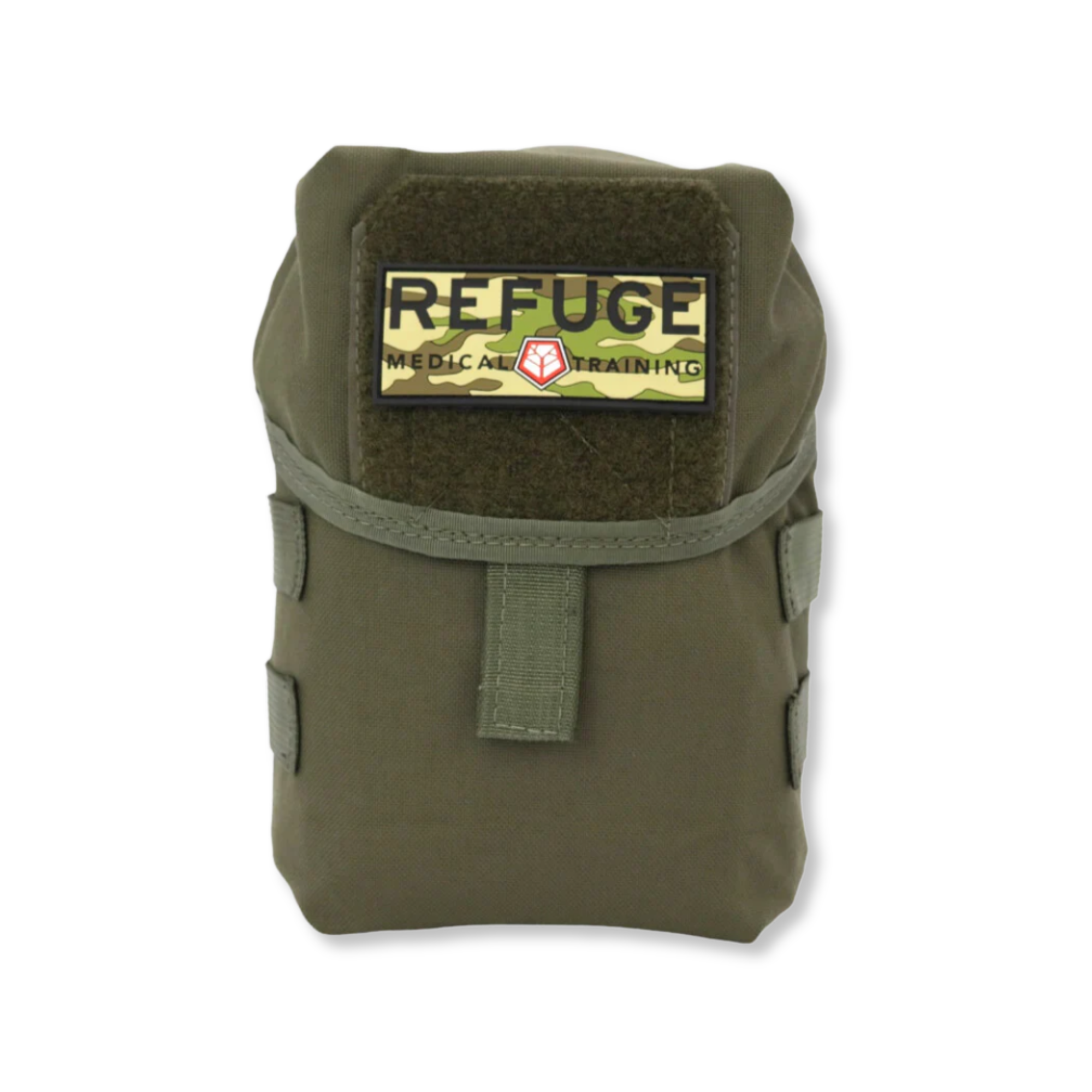 Refuge Medical BearFAK First Aid Kit - Ranger Green MOLLE-compatible pouch with Refuge Medical camo patch.