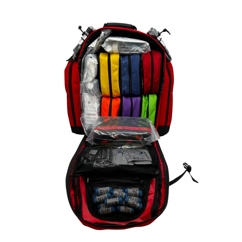 Refuge Medical STOMP First Aid Backpack - Red, open showing bag layout