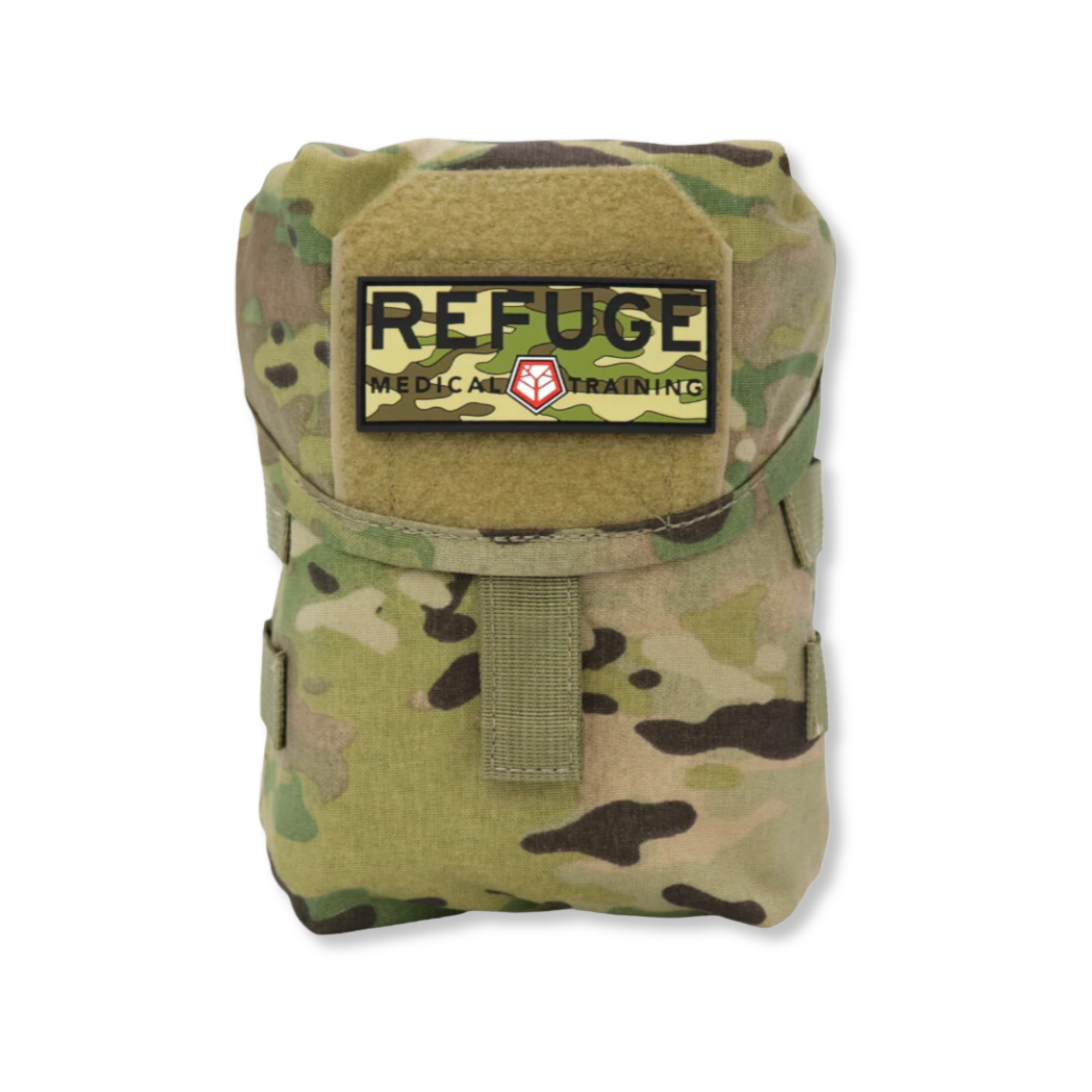 Refuge Medical BearFAK First Aid Kit - Multicam MOLLE-compatible pouch with Refuge Medical camo patch.