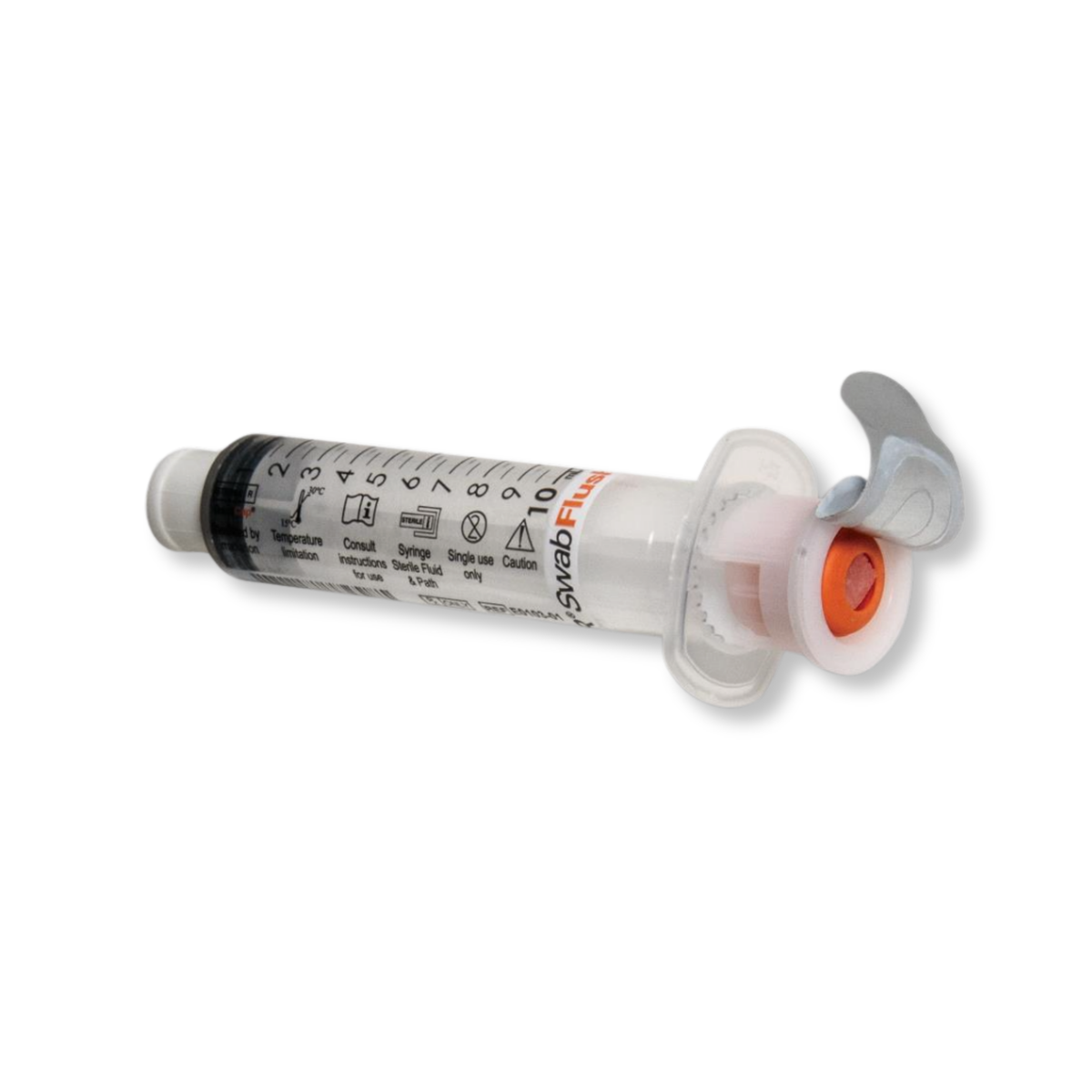 A single-use medical syringe filled with saline, with a clear plastic barrel, black plunger, white measurement markings, and an orange-red plunger core, shown on a plain white background.