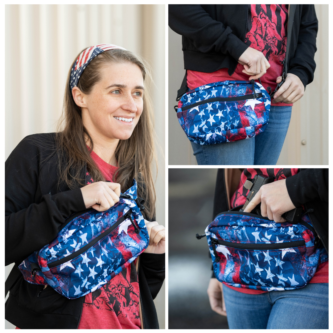 Refuge Medical M.A.G Bag - Liberty three lifestyle photos, person wearing kit (crossbody, waist, over shoulder