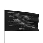 60" x 36" Refuge Core Values Prayer flag - black with white text on a flagpole