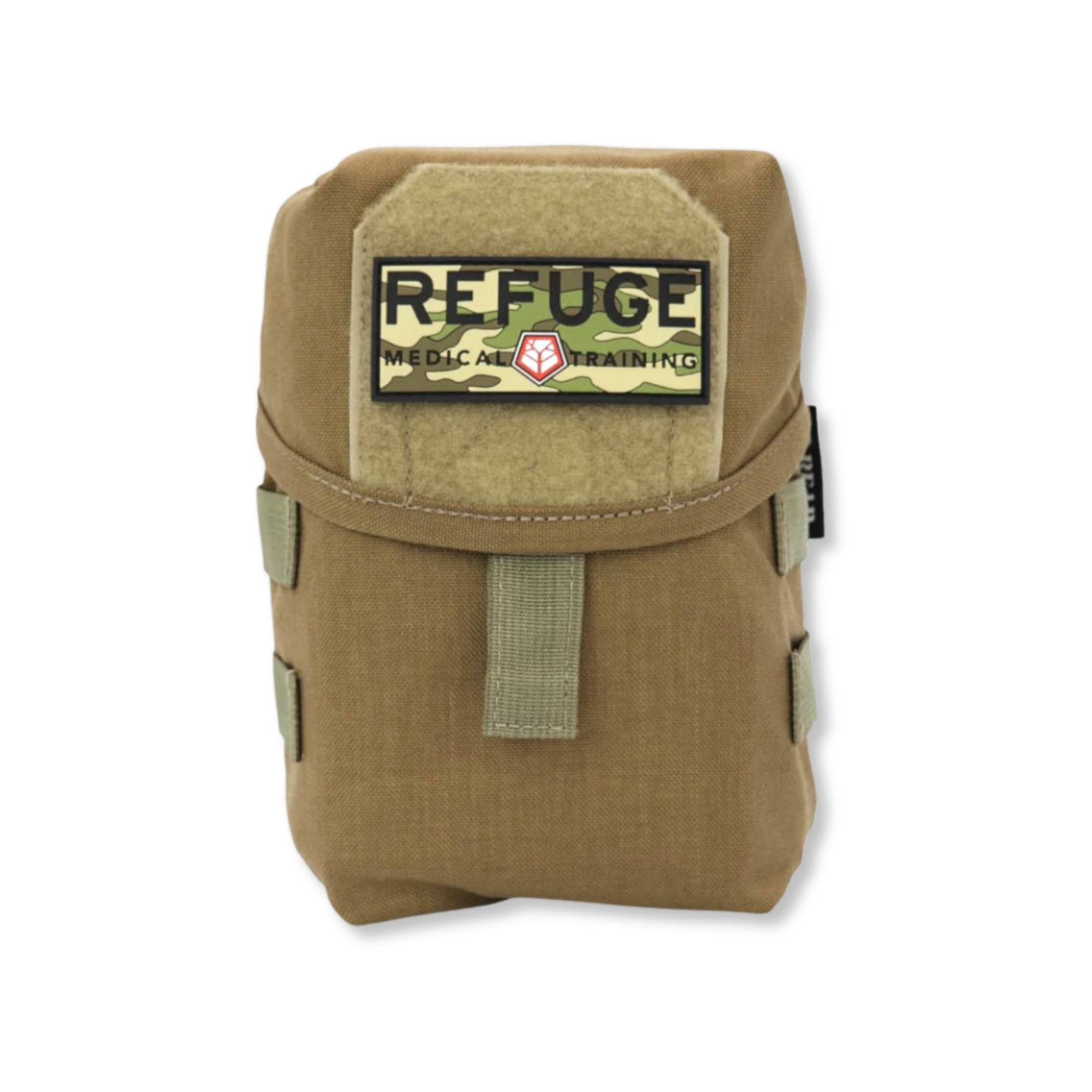 Refuge Medical BearFAK First Aid Kit - Coyote Tan MOLLE-compatible pouch with Refuge Medical camo patch.