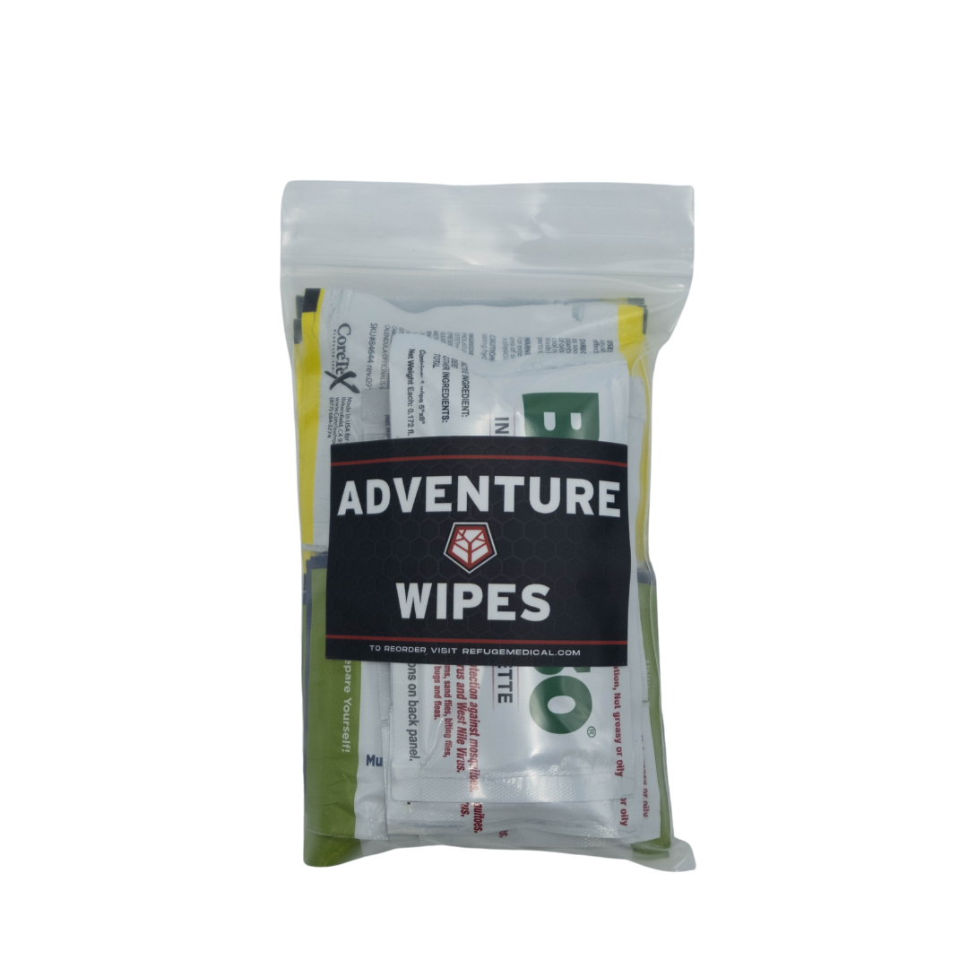 Refuge Medical Adventure Wipes components in poly bag