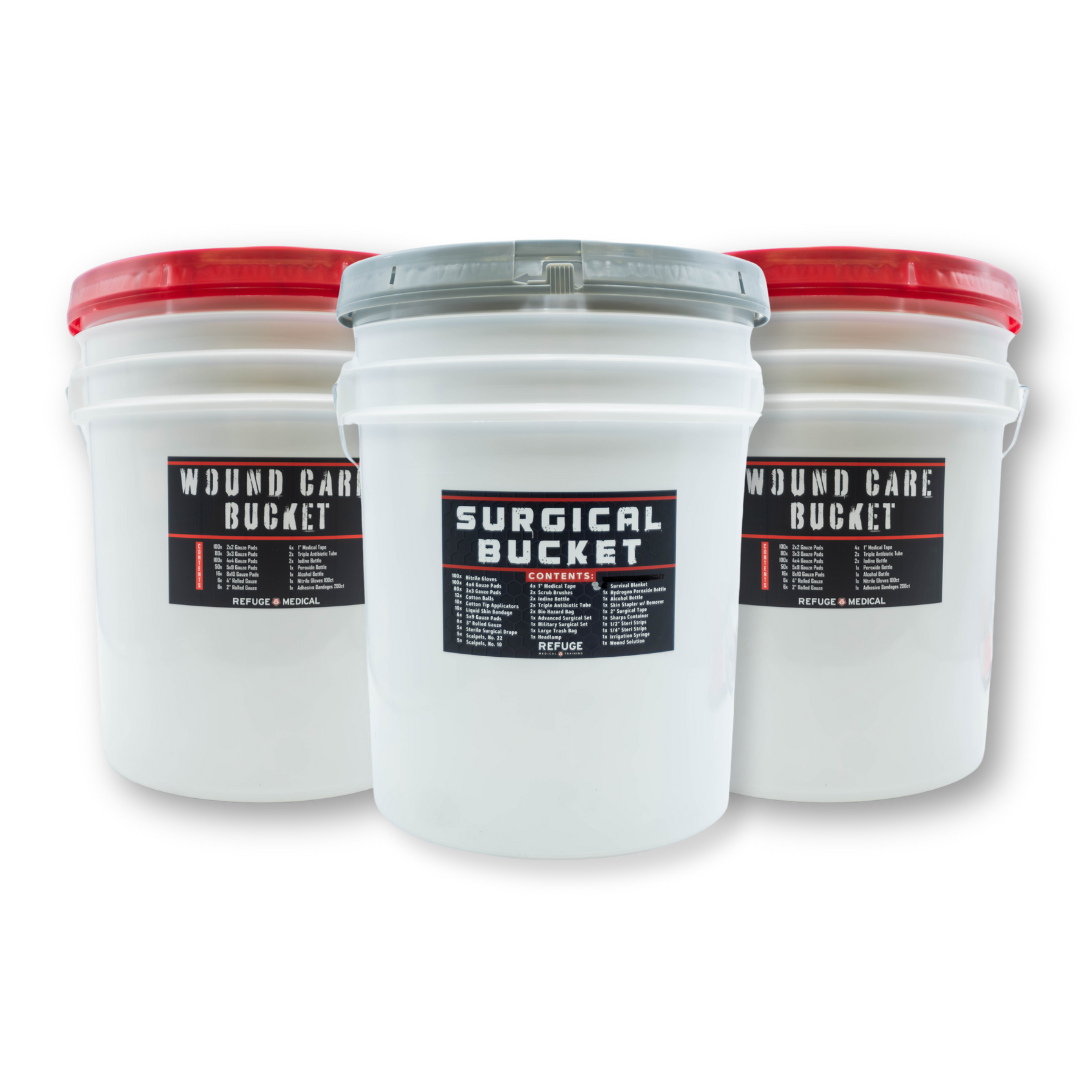 Refuge Medical two Wound Care Buckets and one Surgical Bucket bundle - front