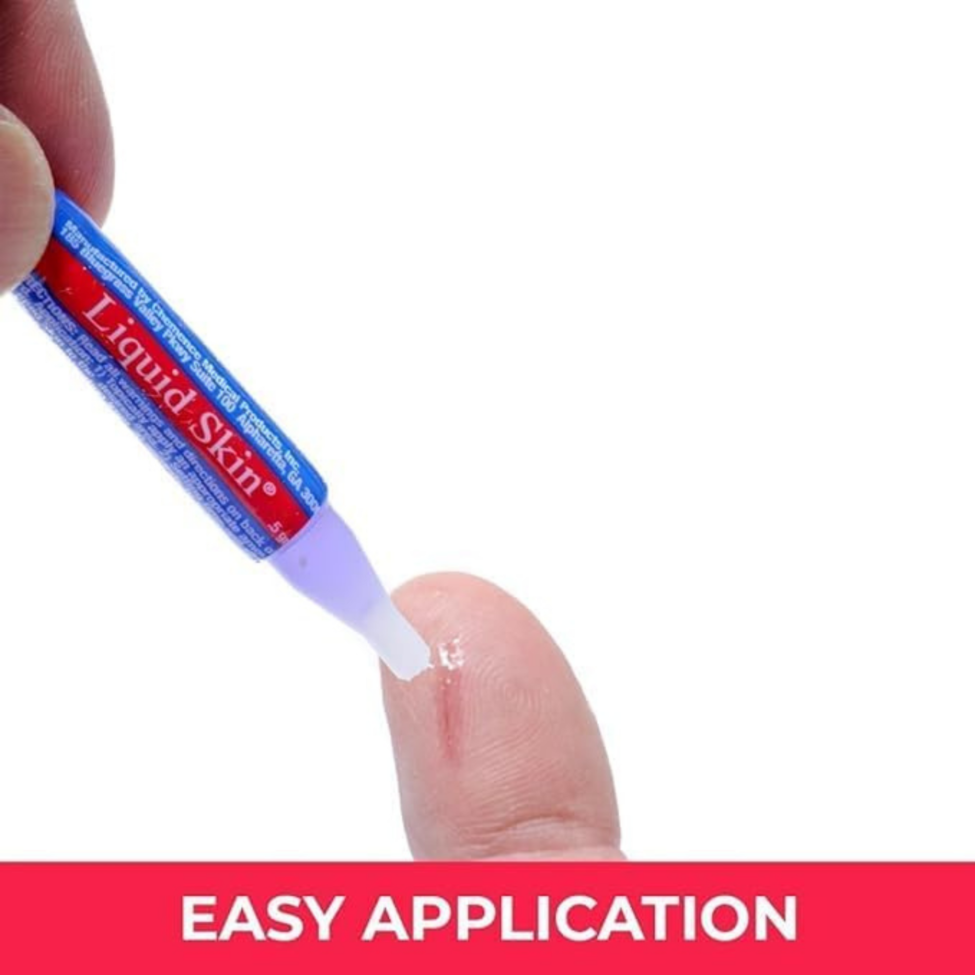 Liquid skin product being applied to a finger with 'Easy Application' text at the bottom.