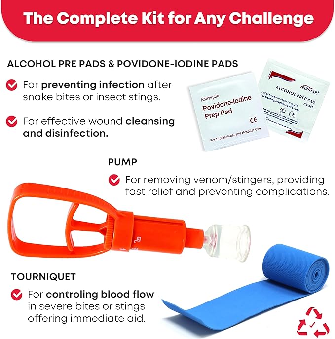 Snake Bite Venom Extractor Kit - red extractor, povidone-iodine prep pad, alcohol prep pad, tourniquet