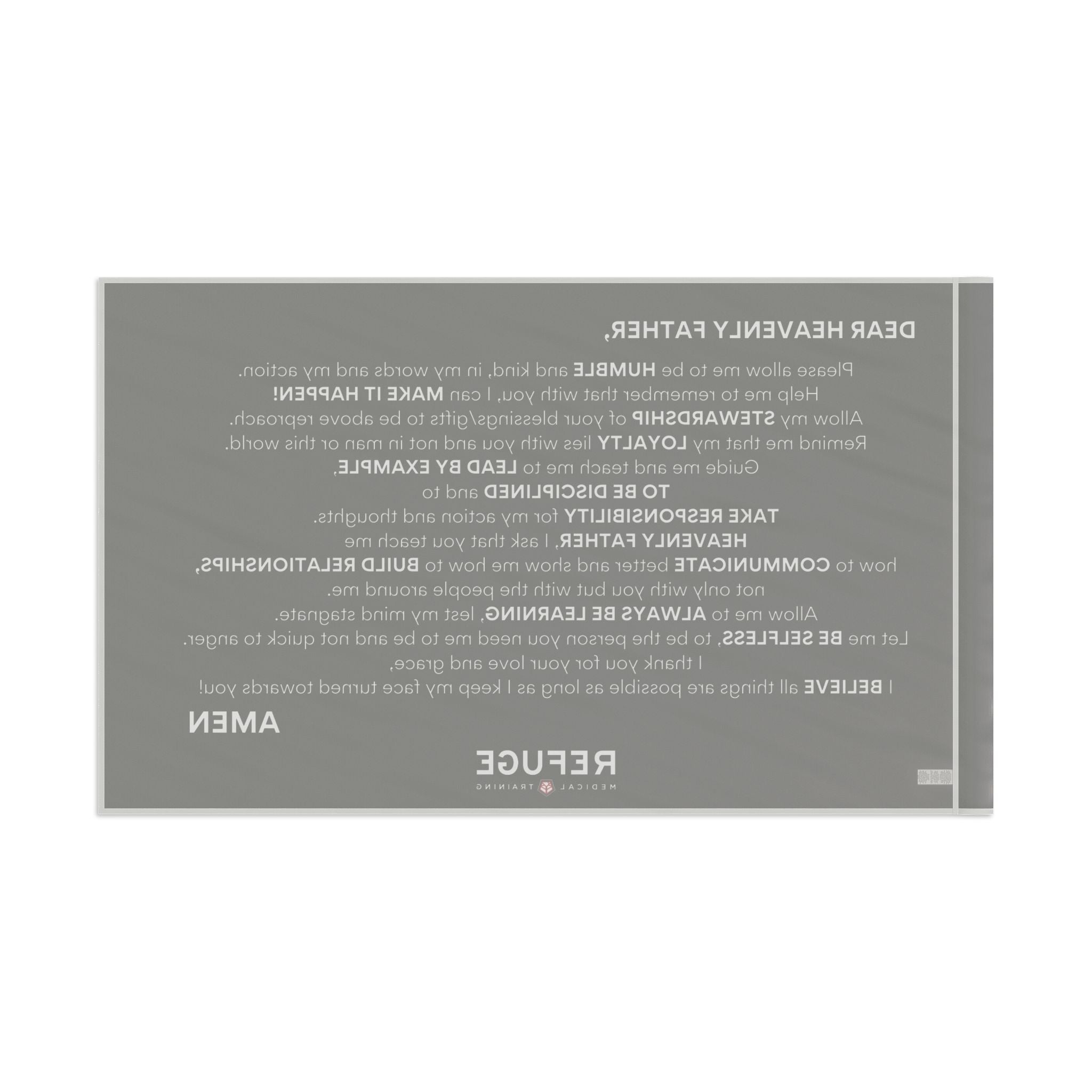 Refuge Core Values Prayer flag - black with white text (back)