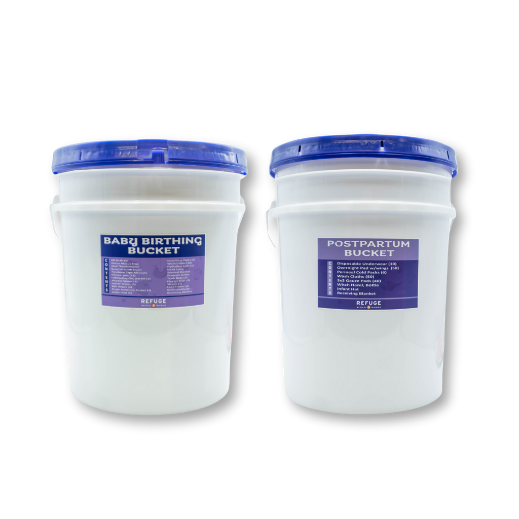 Refuge Medical Birth and Postpartum Bucket First Aid - front, Birth Bucket (left), Postpartum Bucket (right)