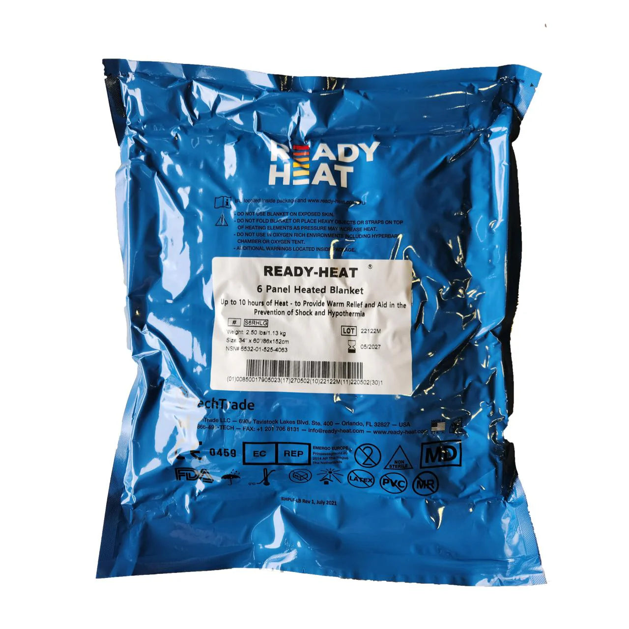 A packaged Ready Heat blanket in blue, sealed in plastic, with label information visible. 6 panel 34" x 60"