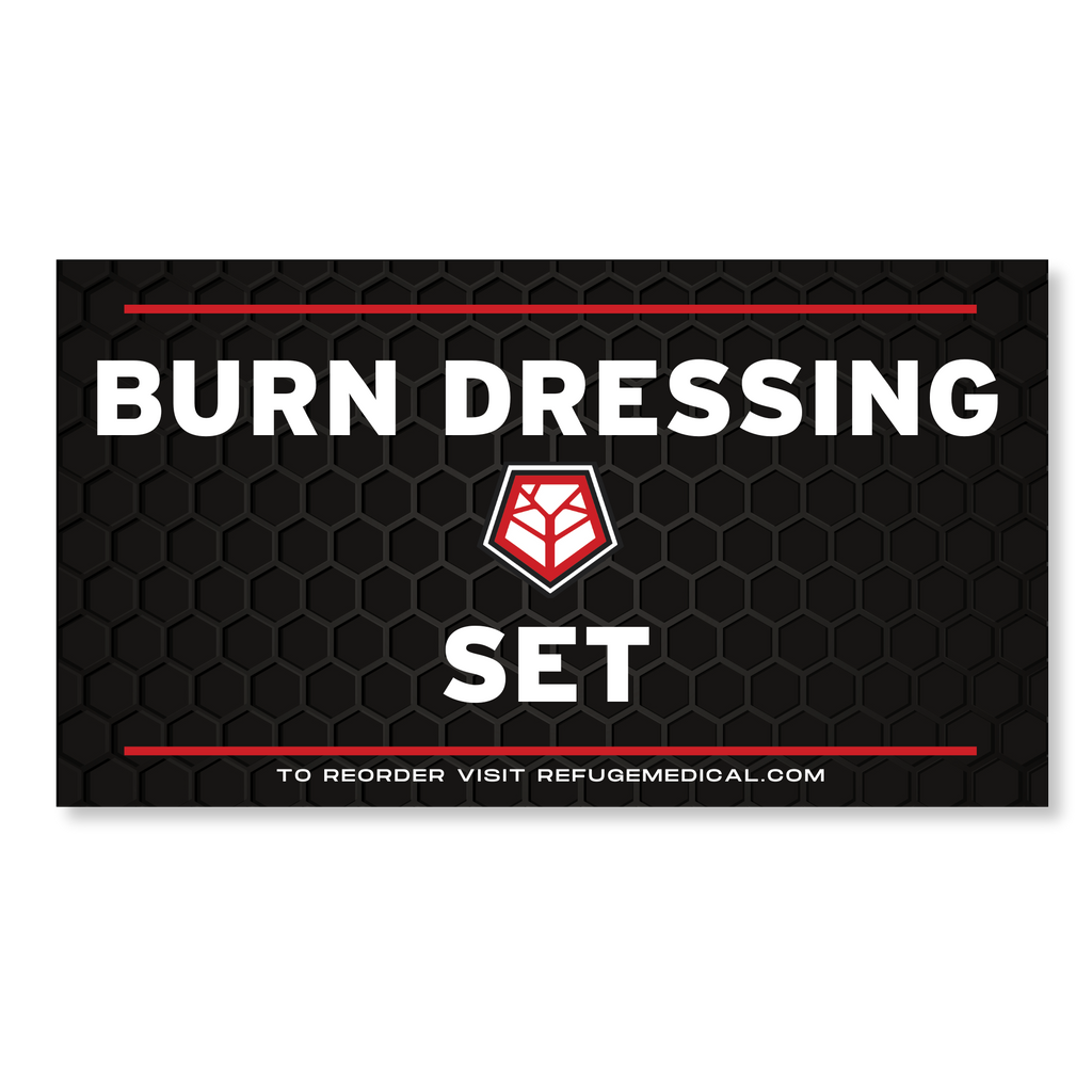 Refuge Medical Burn Dressing Set- black with white text and red accents