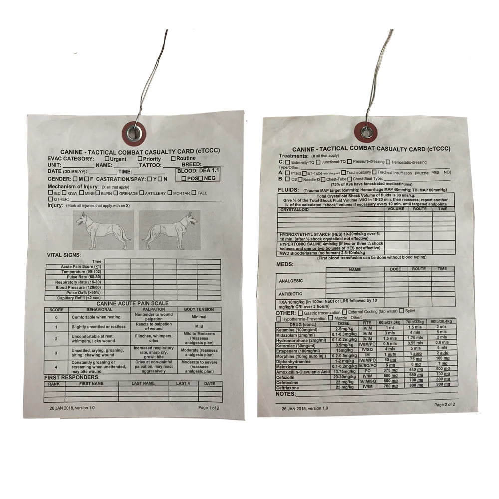 Two canine tactical combat casualty cards (TCCC) with text and canine diagrams on them