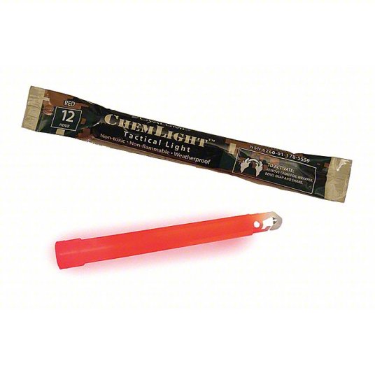 A red chemical lightstick alongside its packaging which reads 'ChemLight tactical Light'.
