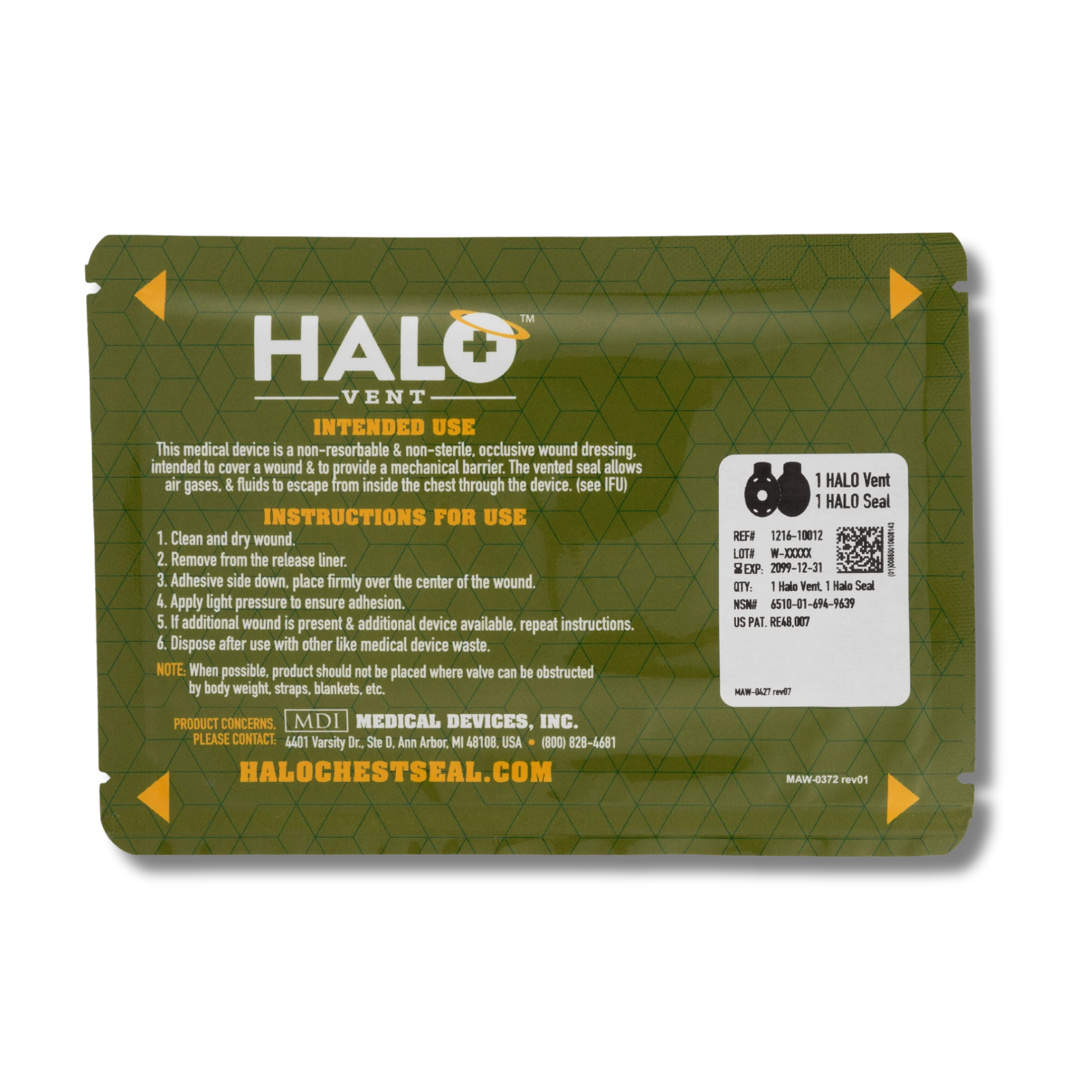 HALO Vent chest seal packaging with green and yellow design on a white background