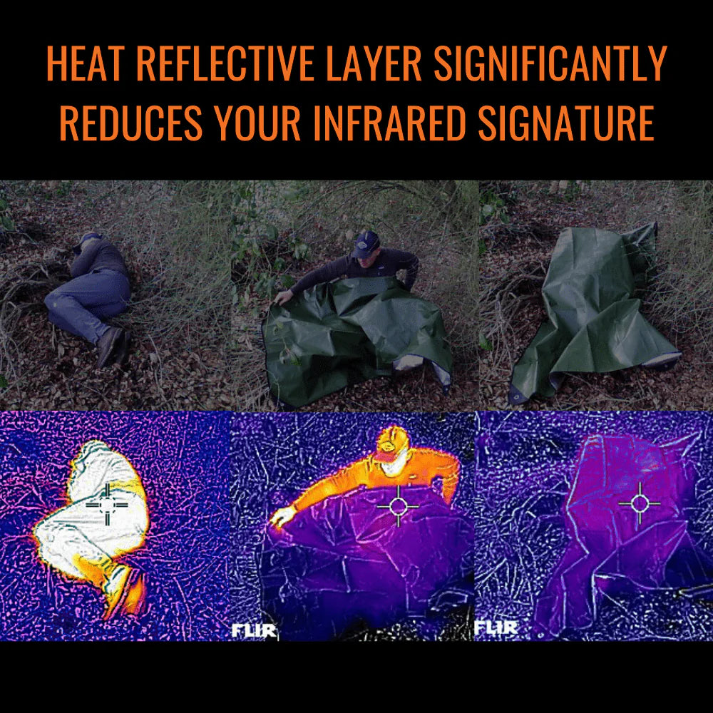 Arcturus survival blanket diagram showing the heat reflective layer reducing your infrared signature
