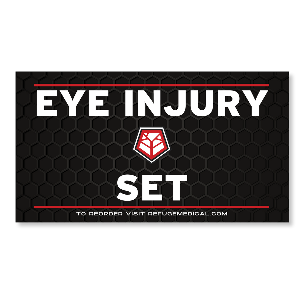 Eye Injury Set - black label, white words, red accents, Refuge logo