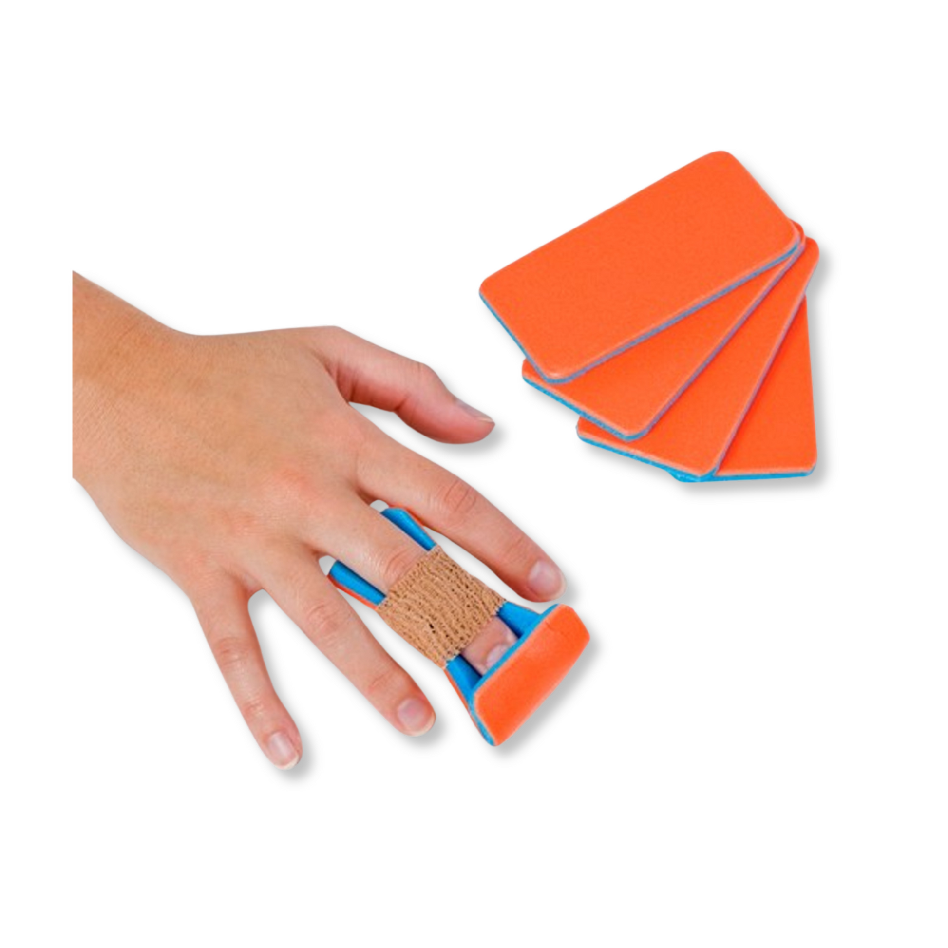 Hand using a finger splint with additional orange finger splints on a white background