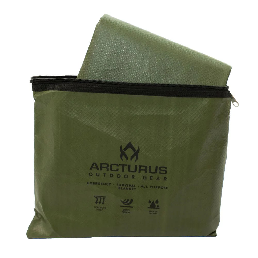 Green arcturus survival blanket folded inside green carrying case