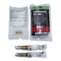 Emergency medical IV start kit with various components displayed, including IV catheters, syringes, IV administration and extension sets, along with antiseptic prep pads and tape, all packaged in sterile plastic bags.
