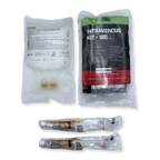 Emergency medical IV start kit with various components displayed, including IV catheters, syringes, IV administration and extension sets, along with antiseptic prep pads and tape, all packaged in sterile plastic bags.