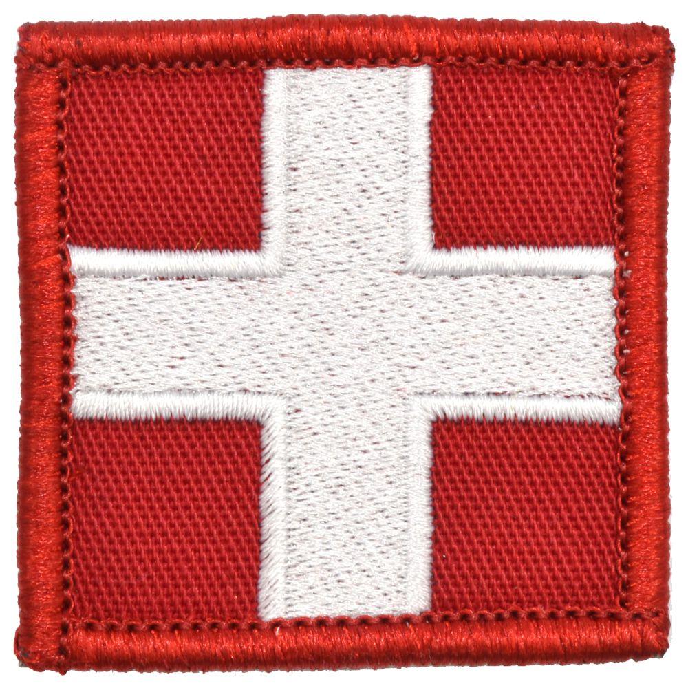 A 2x2 inch red and white medical cross patch with hook fastener backing.