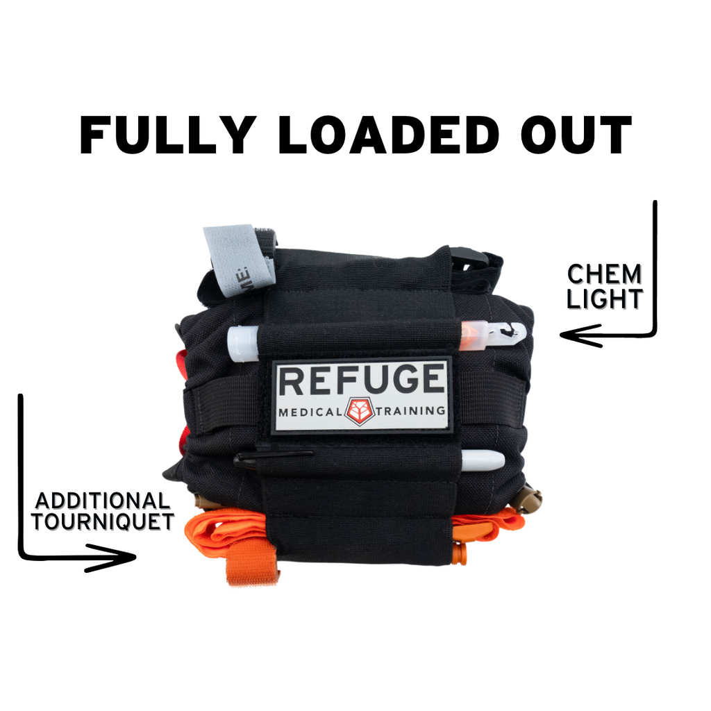 Refuge Medical OPFAK First Aid Kit - Black Fully Loaded Out with additional chem light and tourniquet on the outside