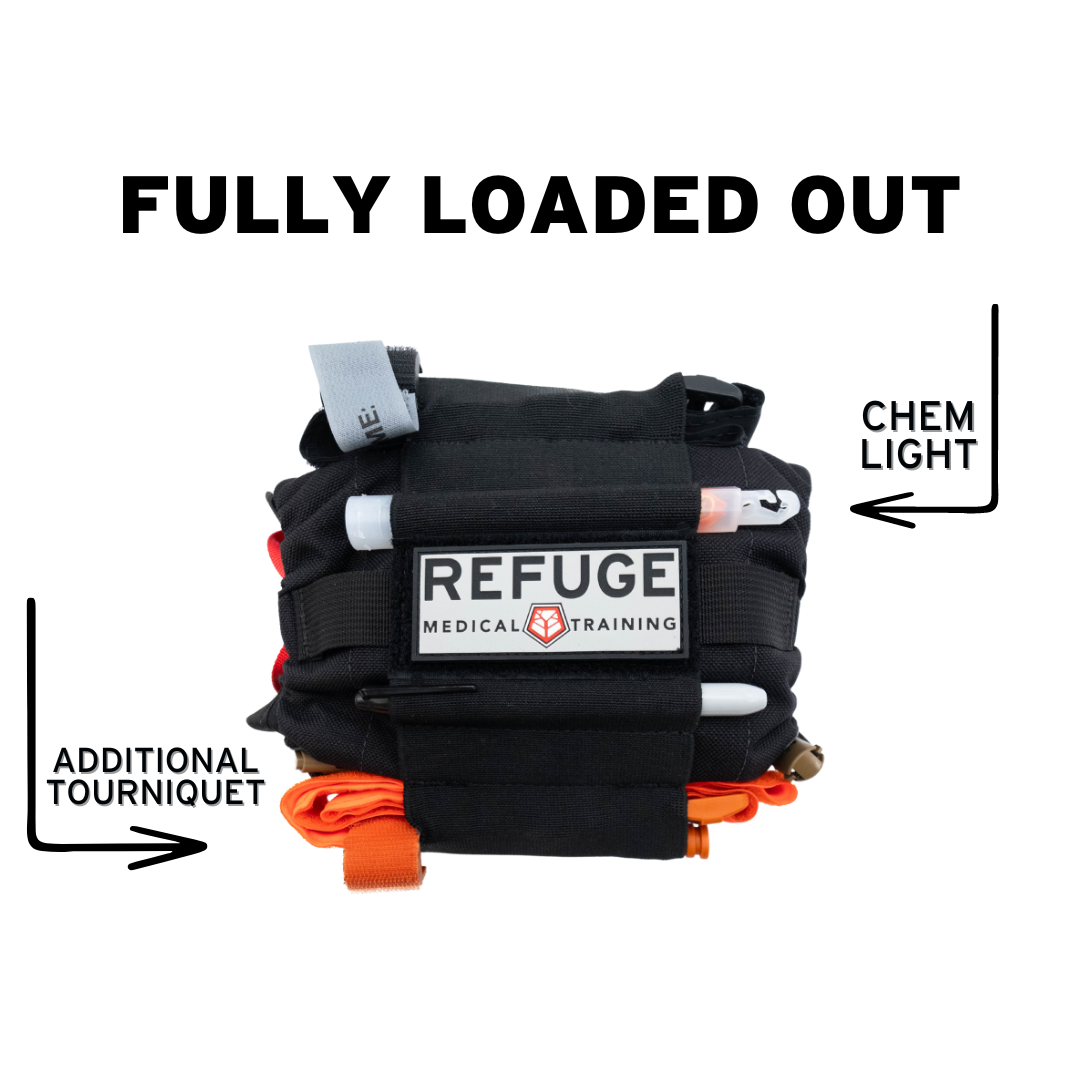 Refuge Medical OPFAK First Aid Kit - Black Fully Loaded Out with additional chem light and tourniquet on the outside
