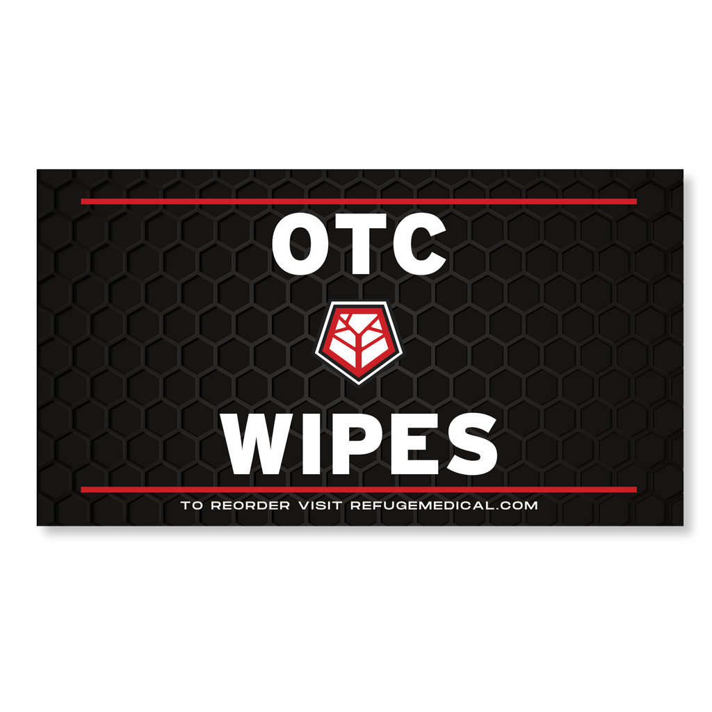 Refuge Medical OTC Wipes label - black with white text and red accents