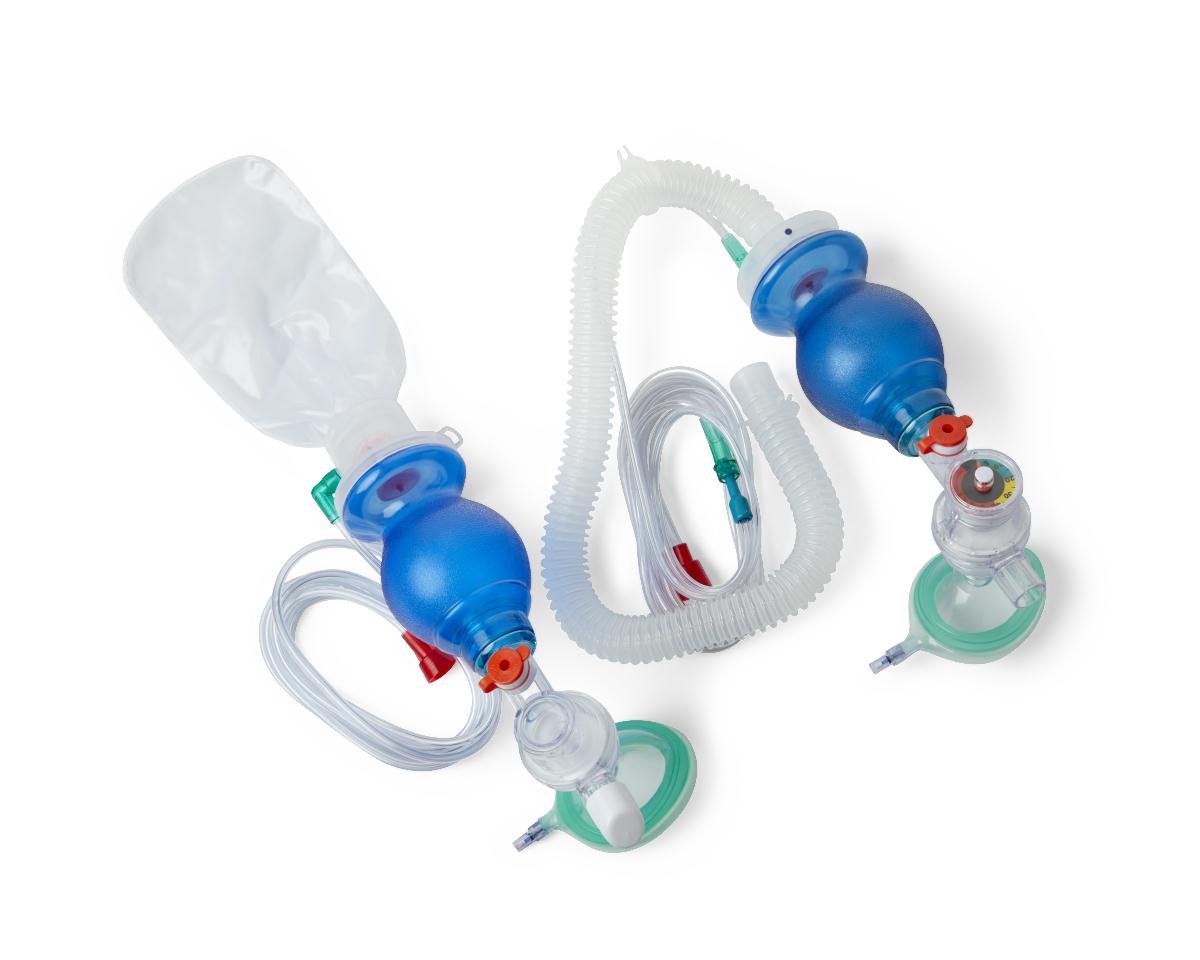 Manual resuscitators with bag valve masks, tubing, and face masks