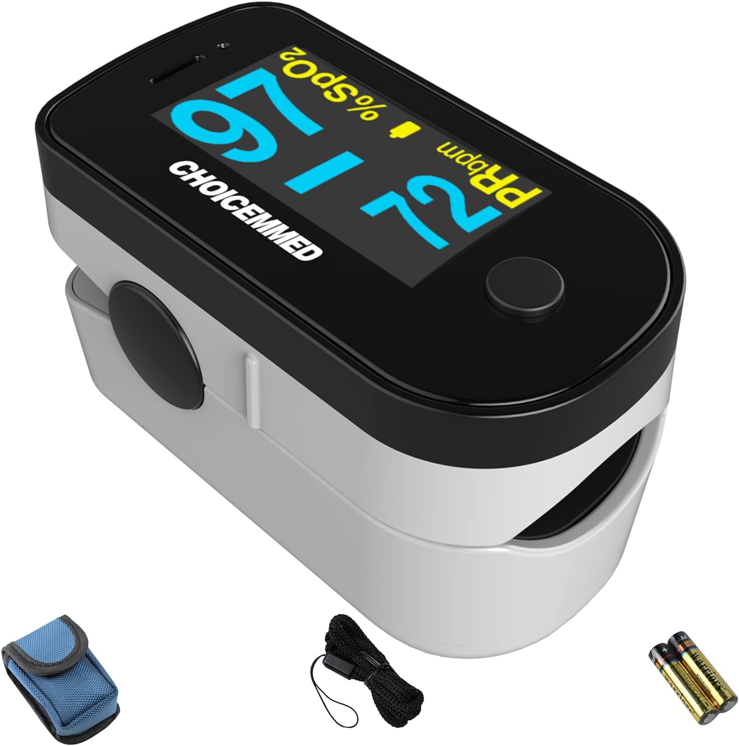 Pulse oximeter with travel case, lanyard attachment, and batteries