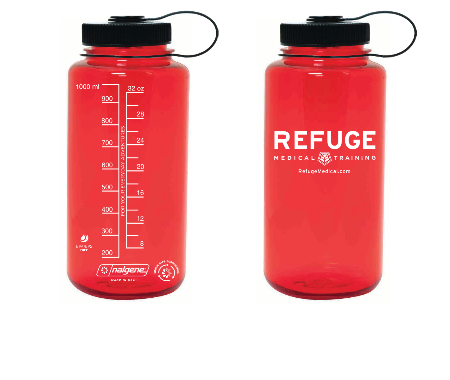 A red Nalgene water bottle with measurement markings and the brand name 'Refuge' printed on the front.