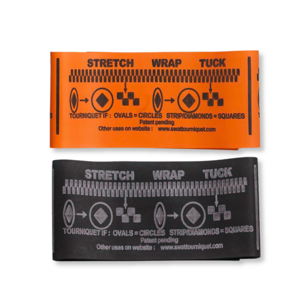 2 SWAT-T tourniquets, one orange, one black - showing stretch, wrap, and tuck instructions
