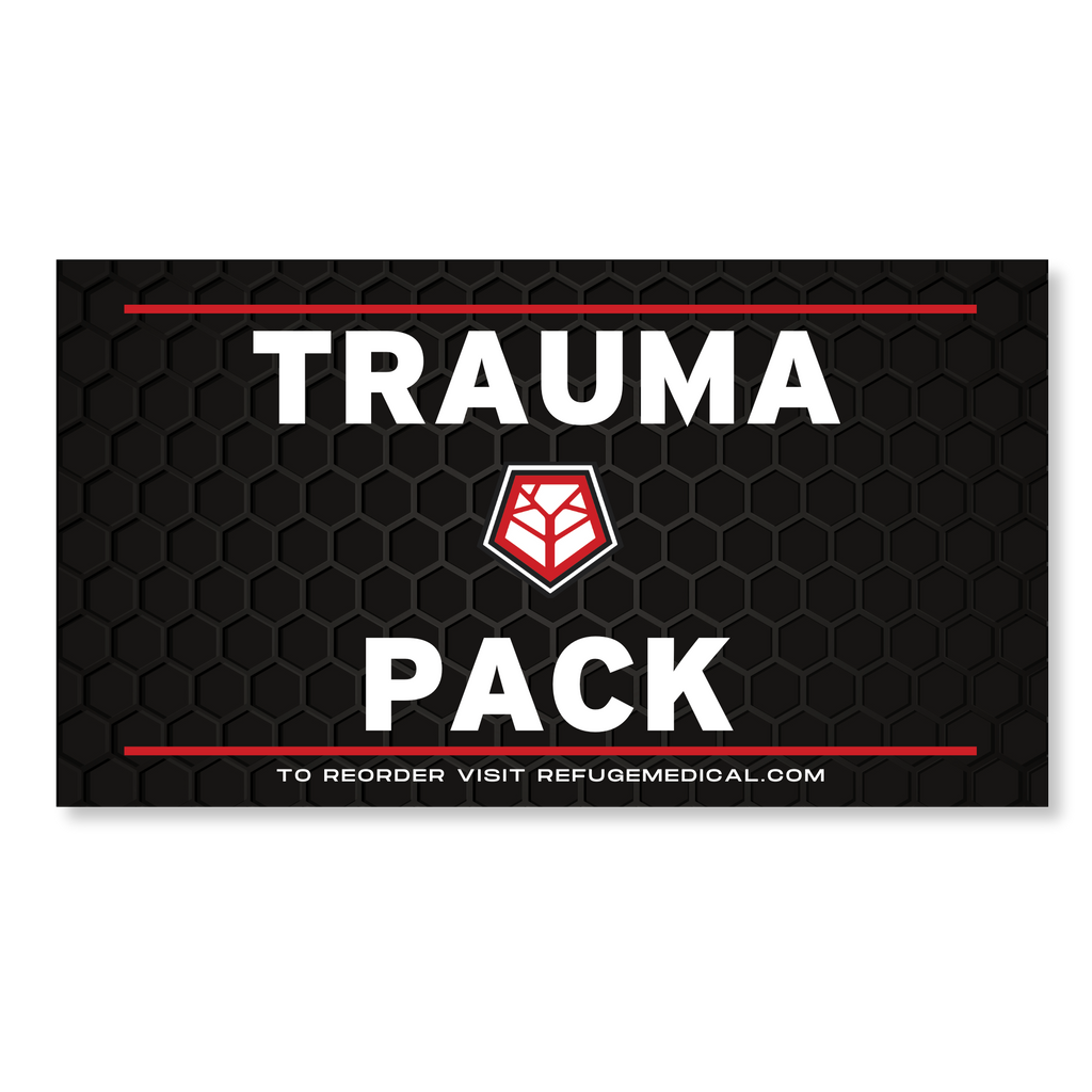 Refuge Medical Trauma Pack refill label - black with white text and red accents