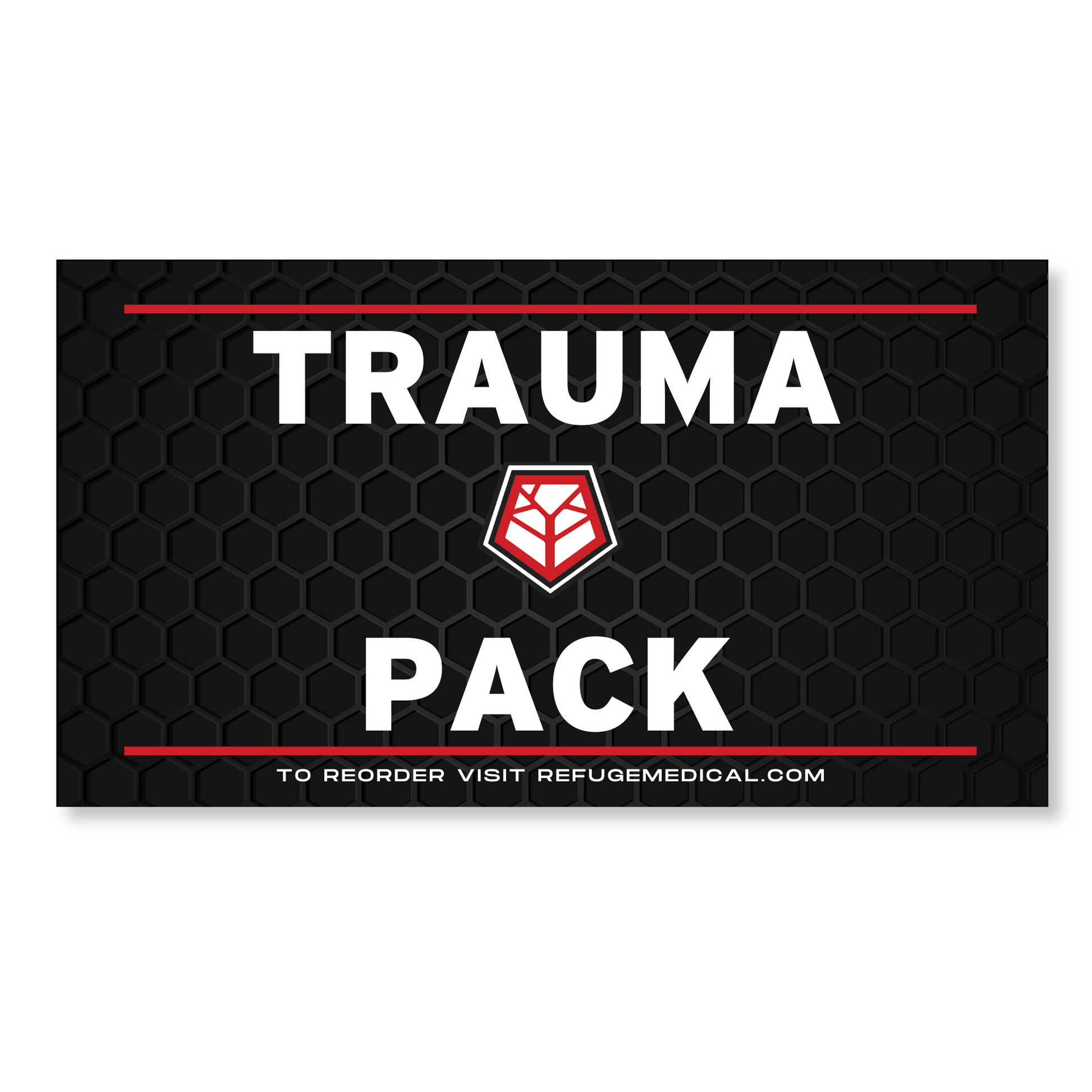 Refuge Medical Trauma Pack refill label - black with white text and red accents