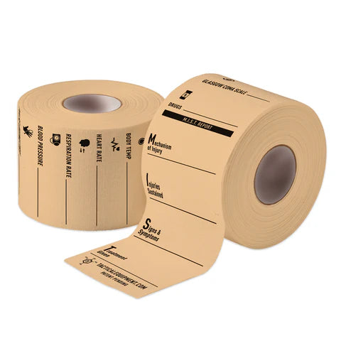 Two rolls of tan medical tape with printed fields for recording casualty vital signs