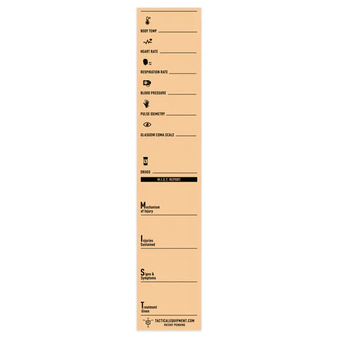 tan medical tape with printed fields for recording casualty vital signs