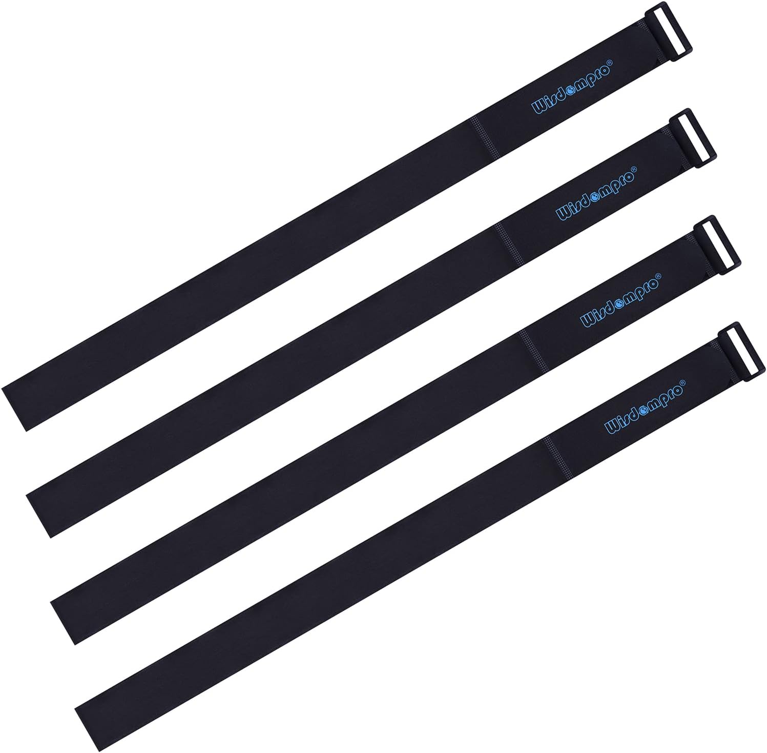 Four black nylon Velcro straps with a blue logo on them, designed for organizing cables and bundling purposes.