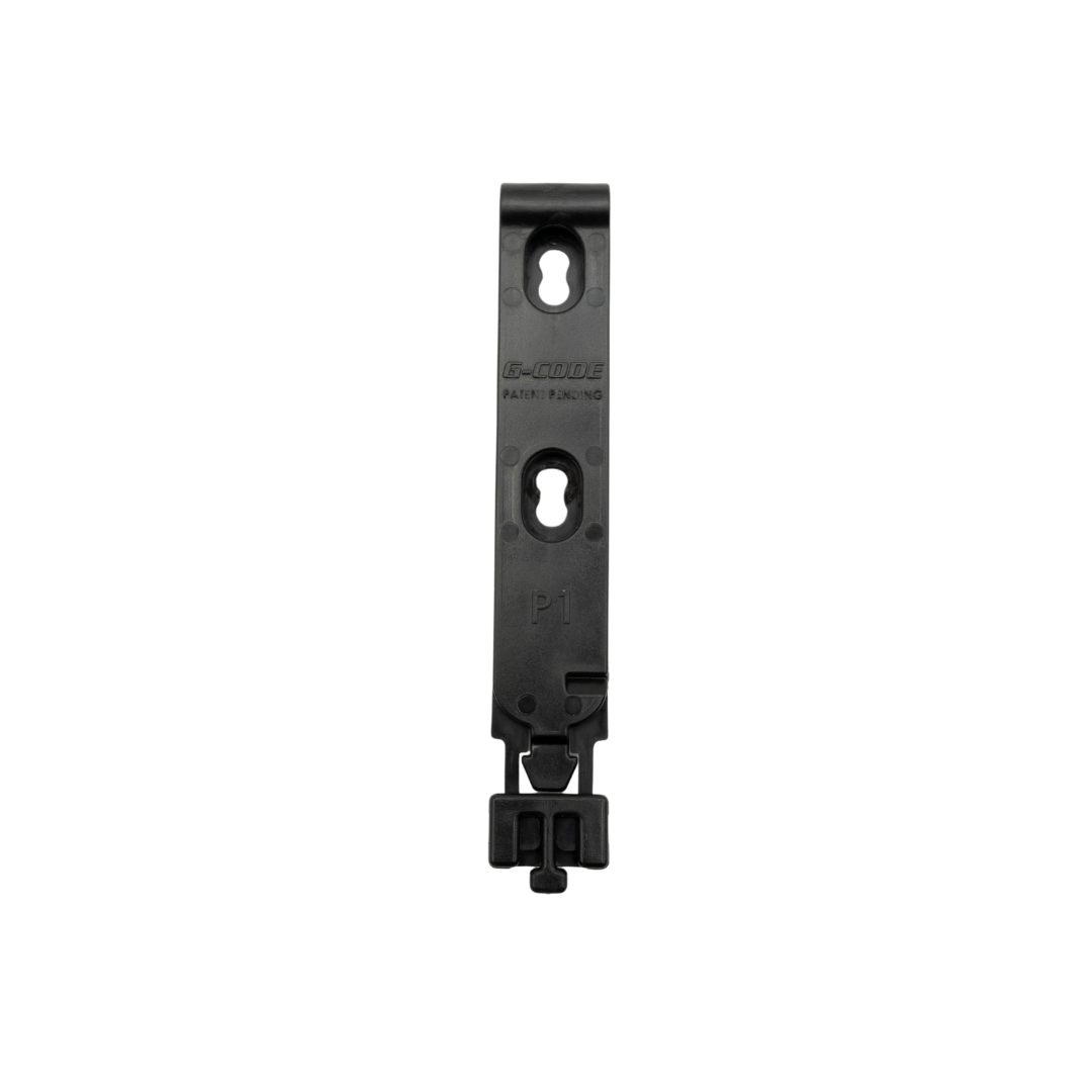 A black MOLLE clip designed for attaching holsters and gear to compatible webbing.