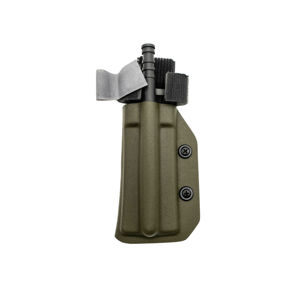 Green Kydex tourniquet holster with a tourniquet inside (tourniquet not included)