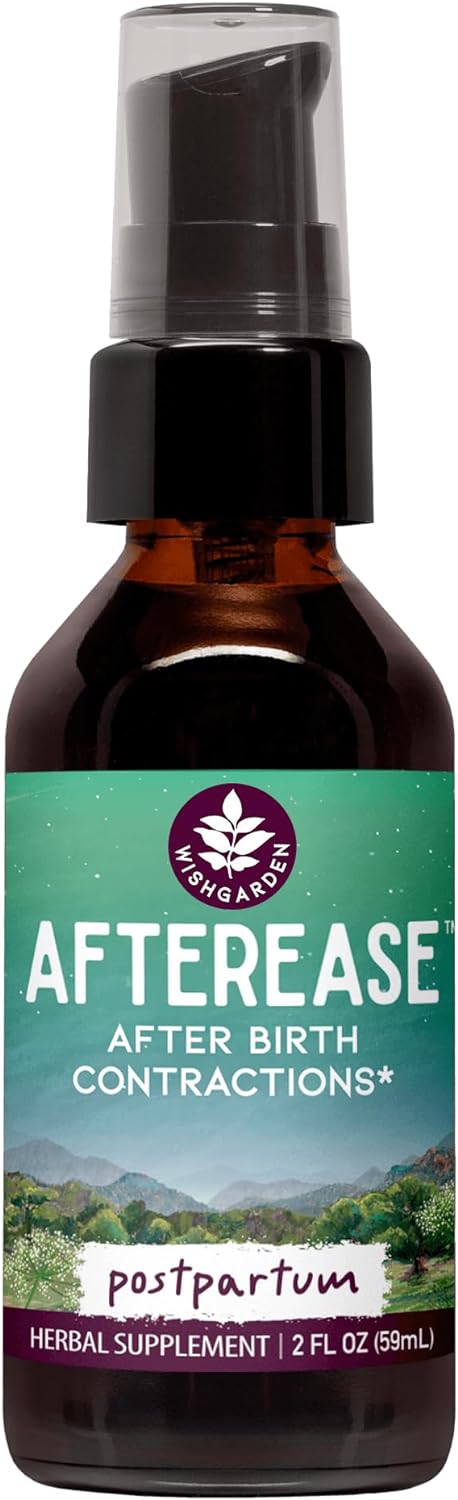 Bottle of 'AfterEase' after birth contractions supplement with a green label on a white background